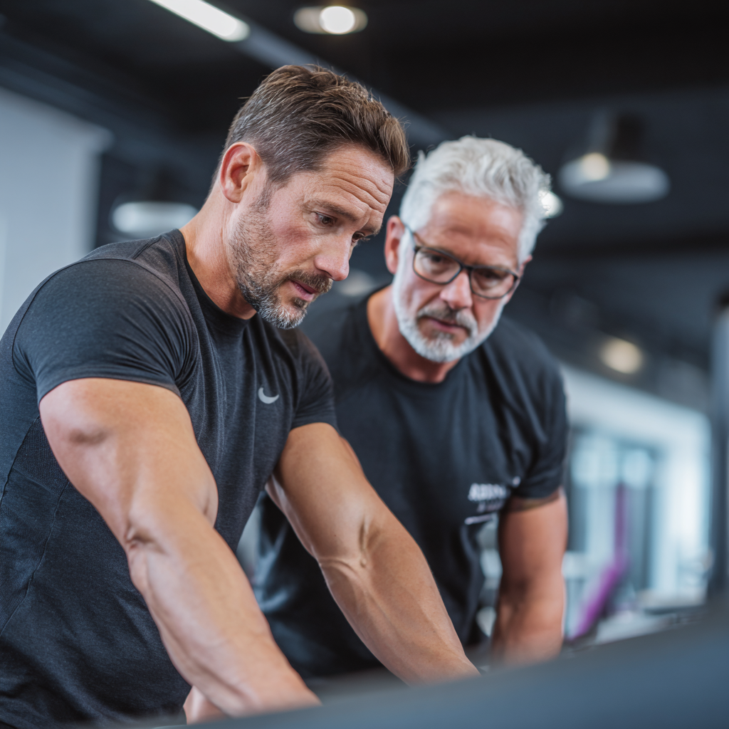 Professional fitness trainer working with middle-aged client in modern gym setting